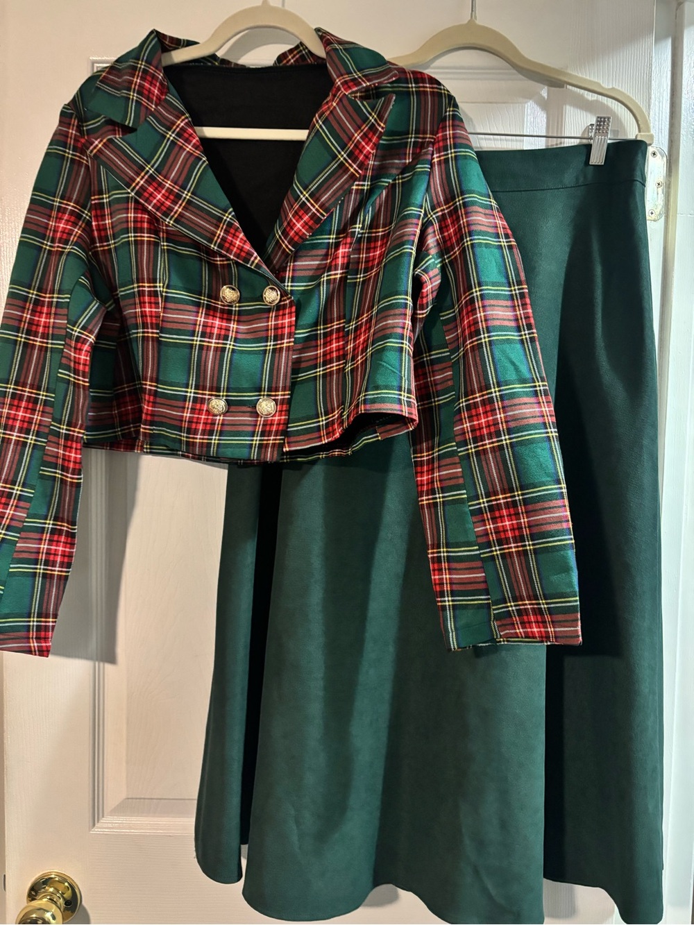 Green Plaid Cropped Jacket with Emerald Green Skirt